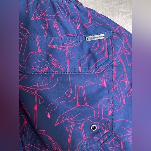 Men’s XXL Vintage Summer Swim Shorts Pink Flamingo on Dark Blue, New w/o Tags - Picture 2 of 6